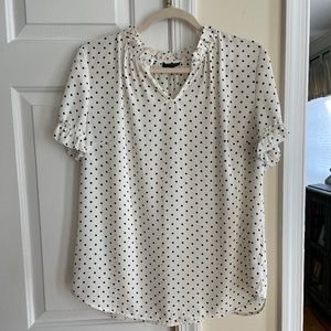 Talbots cream with blue polka dot short sleeve blouse